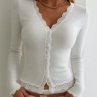 Genevieve Lace-Trim Ribbed Button-Up Top