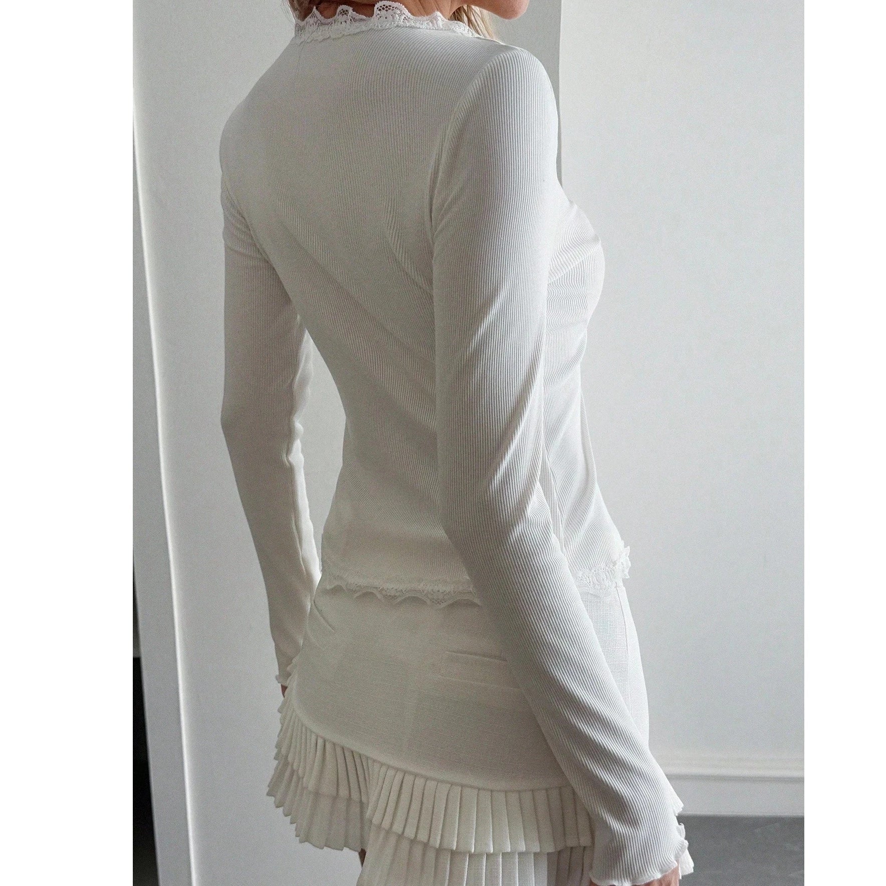 Genevieve Lace-Trim Ribbed Button-Up Top