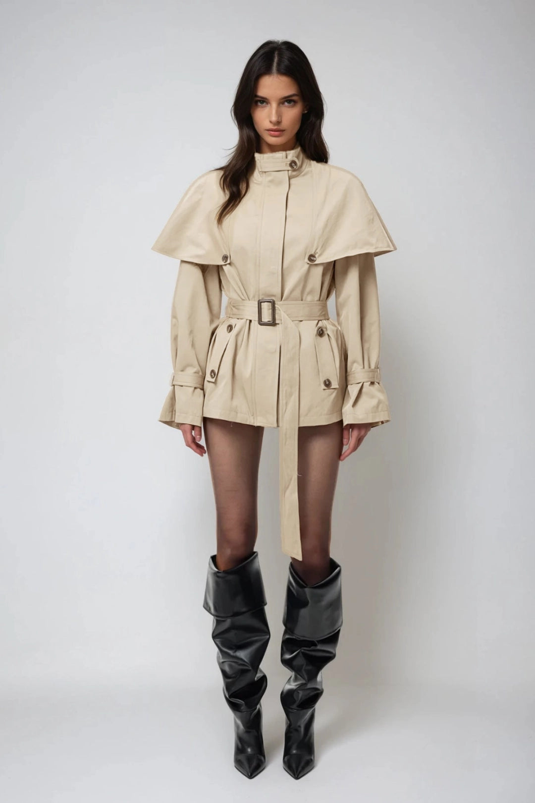 Genevieve Shawl Collar Belted Short Trench Coat