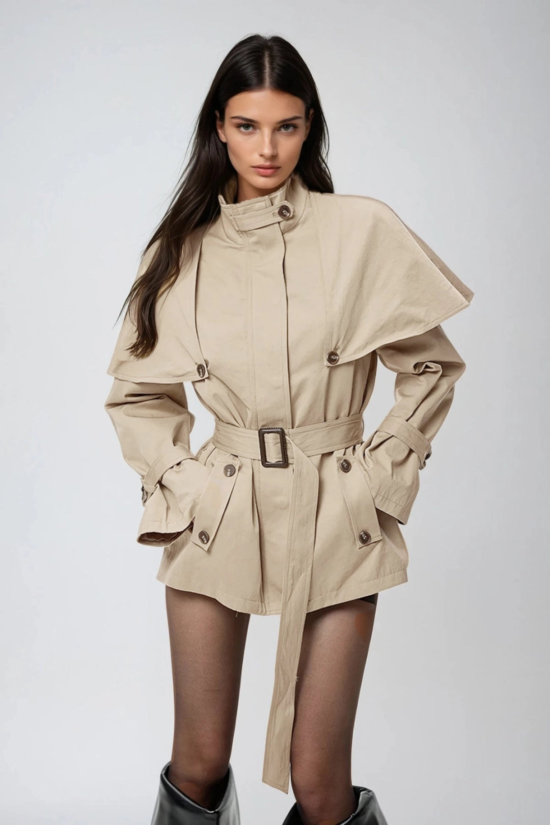 Genevieve Shawl Collar Belted Short Trench Coat