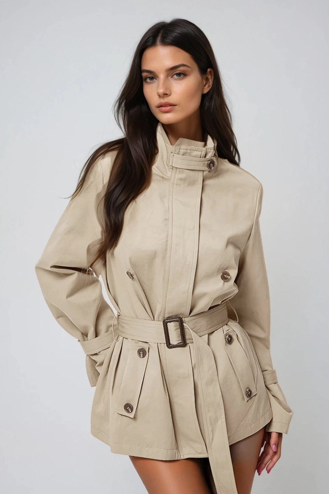 Genevieve Shawl Collar Belted Short Trench Coat