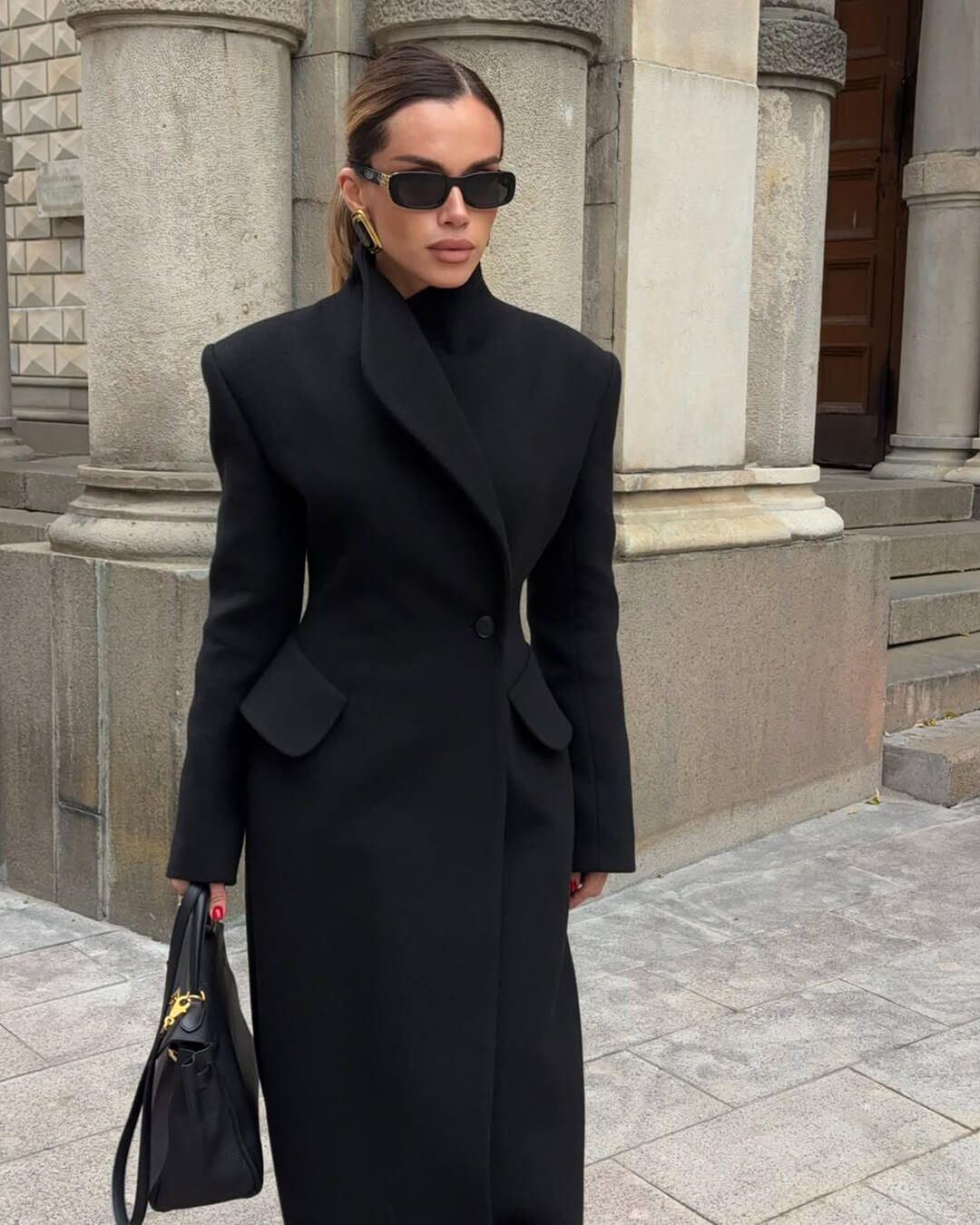 Maeve Tailored Corset-Waist Wool-Blend Maxi Coat
