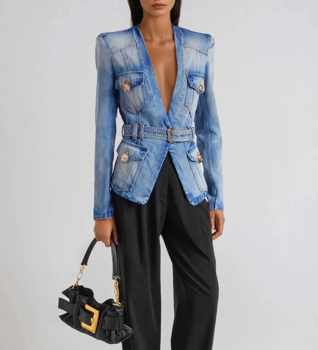 Harlow Belted Structured Denim Jacket