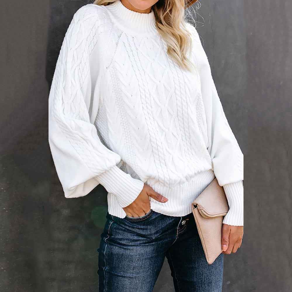 Imogen Cable-Knit High-Neck Balloon-Sleeve Sweater