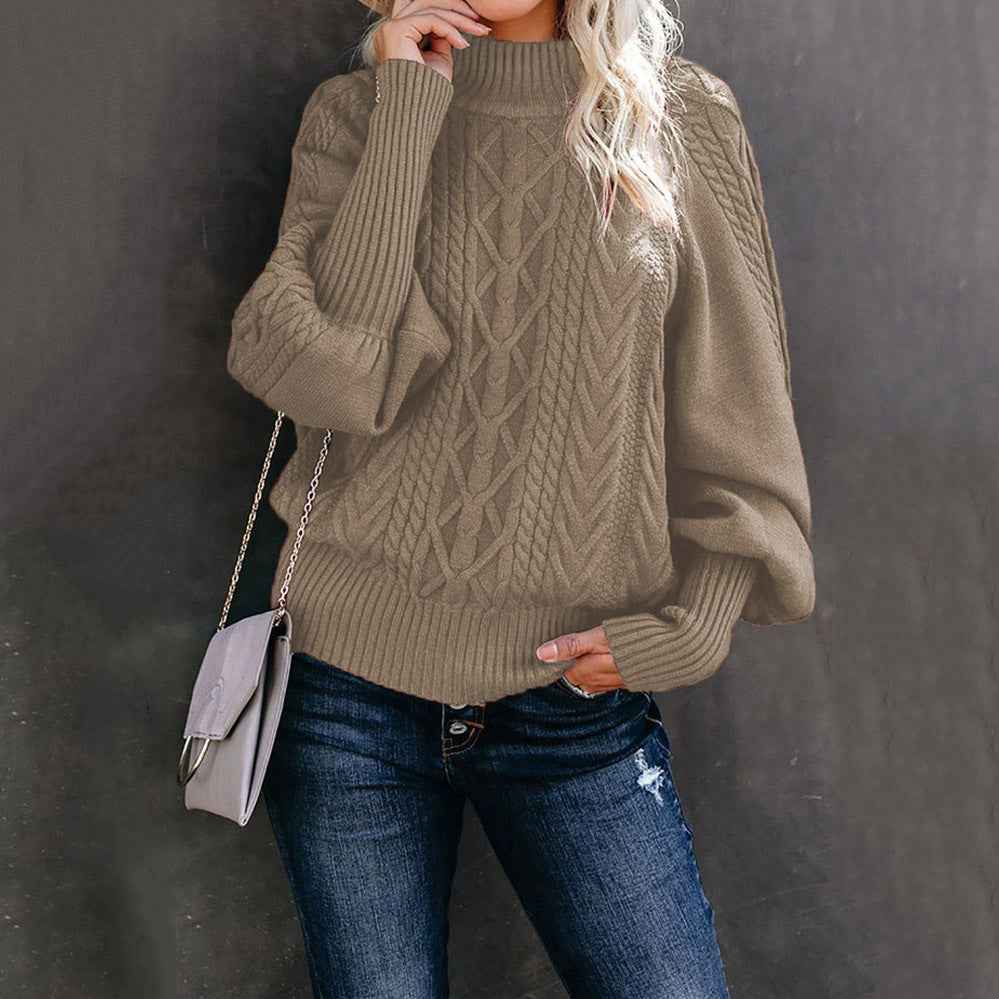 Imogen Cable-Knit High-Neck Balloon-Sleeve Sweater