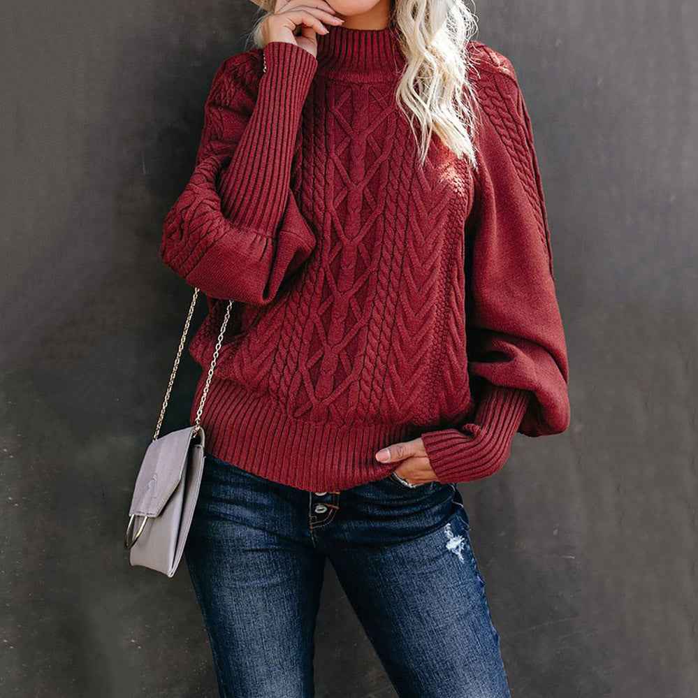 Imogen Cable-Knit High-Neck Balloon-Sleeve Sweater
