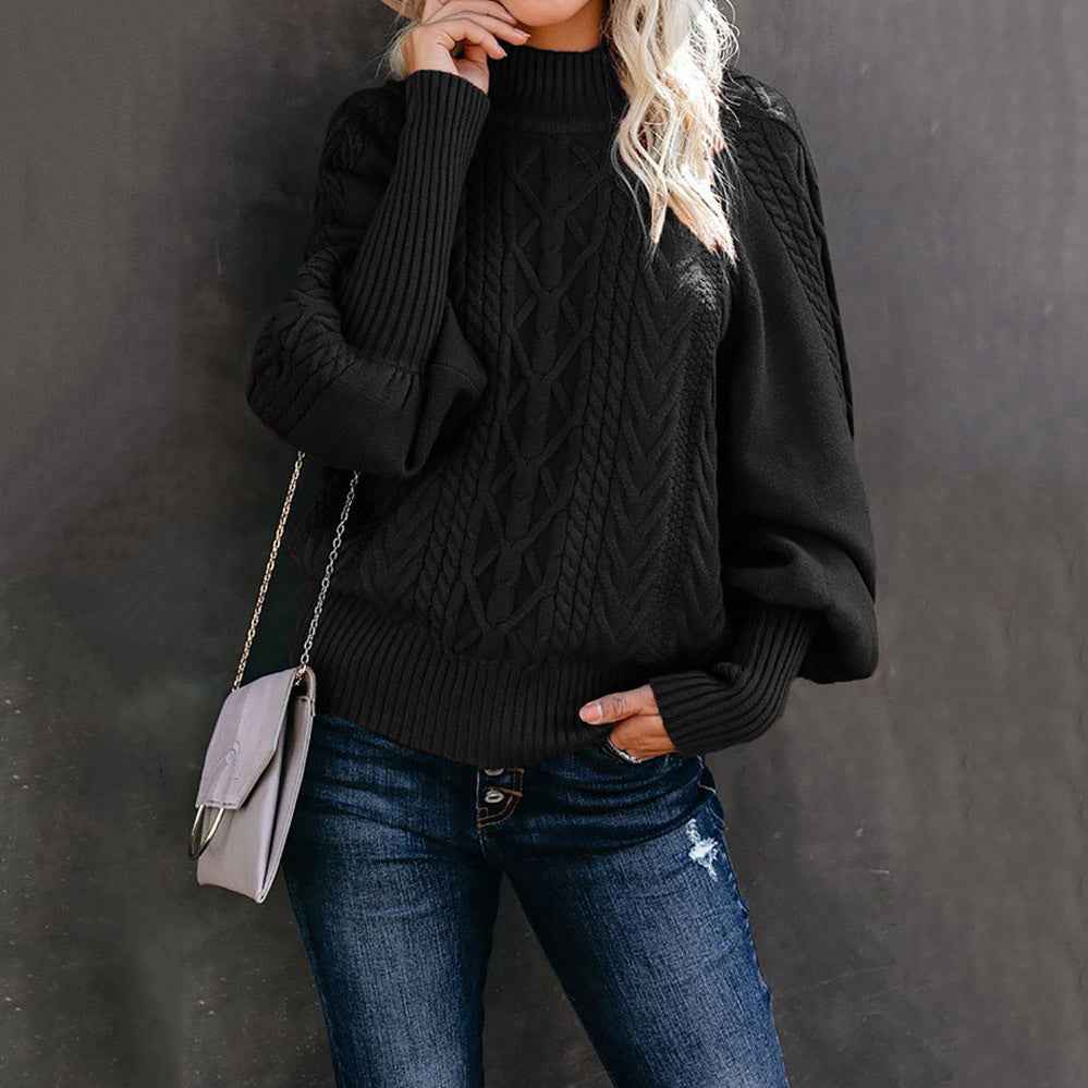 Imogen Cable-Knit High-Neck Balloon-Sleeve Sweater