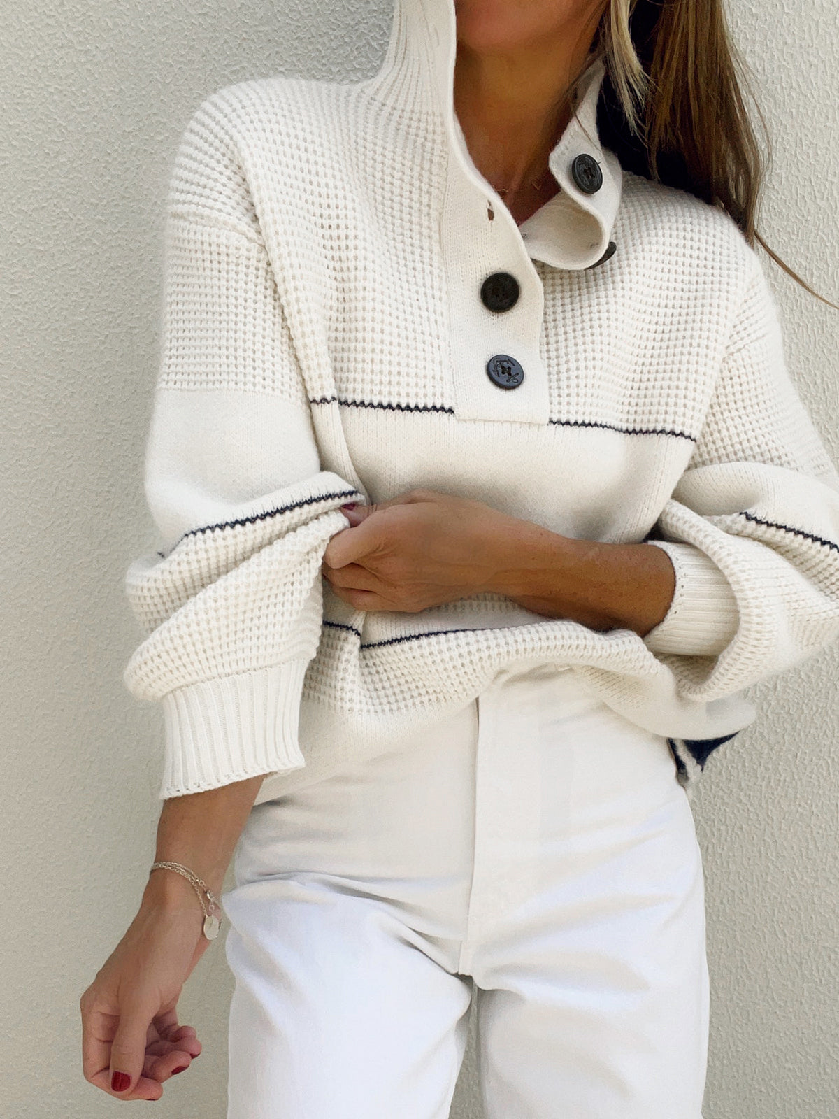 Ines Open-Collar Striped Button-Knit Sweater