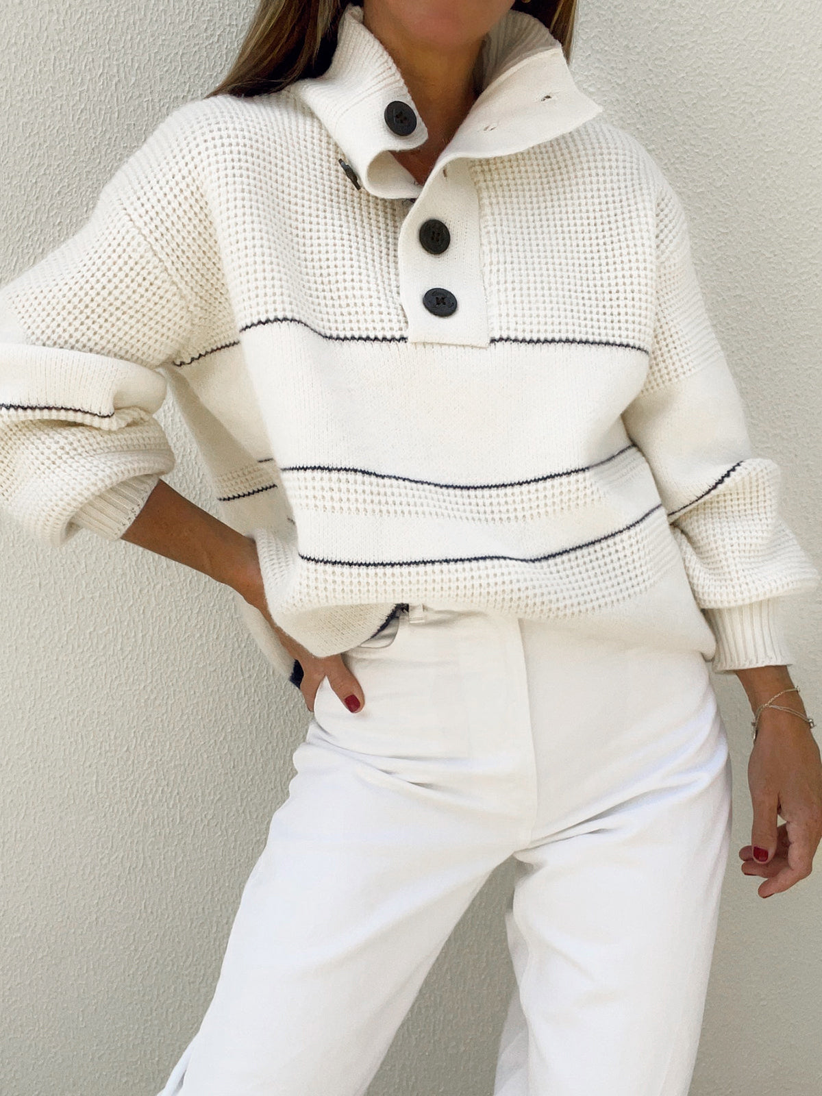 Ines Open-Collar Striped Button-Knit Sweater
