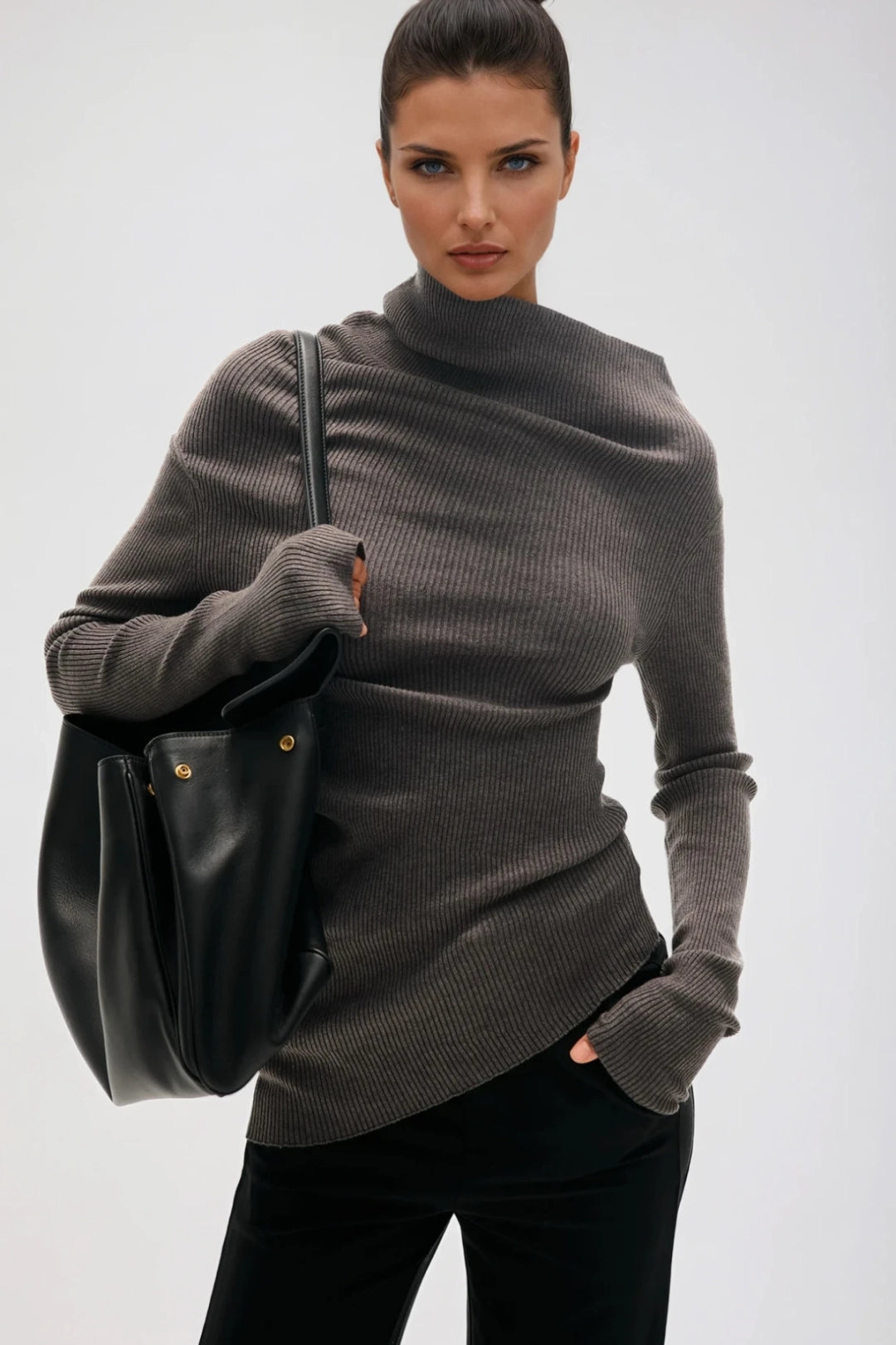 Inessa Asymmetrical Draped Ribbed-Knit Top