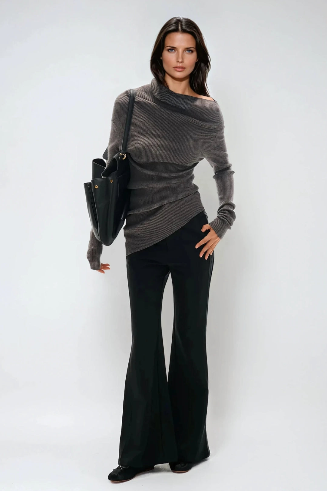 Inessa Asymmetrical Draped Ribbed-Knit Top