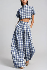 Iris Plaid Mock-Neck Crop Top & Baggy Trousers Set