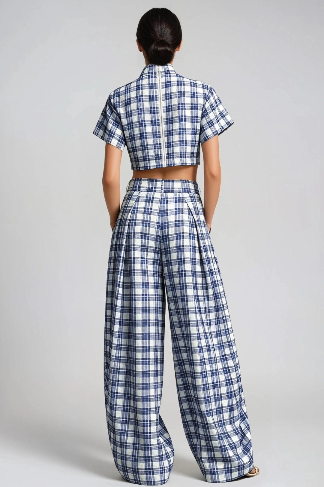 Iris Plaid Mock-Neck Crop Top & Baggy Trousers Set