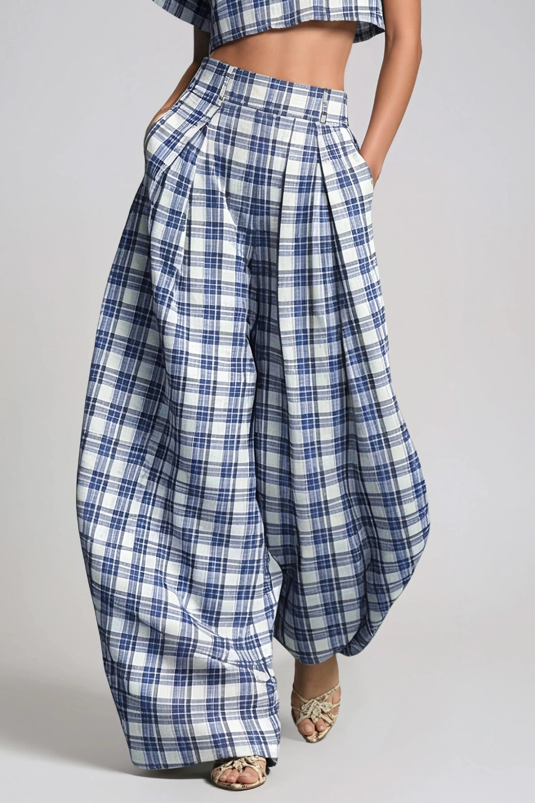 Iris Plaid Mock-Neck Crop Top & Baggy Trousers Set