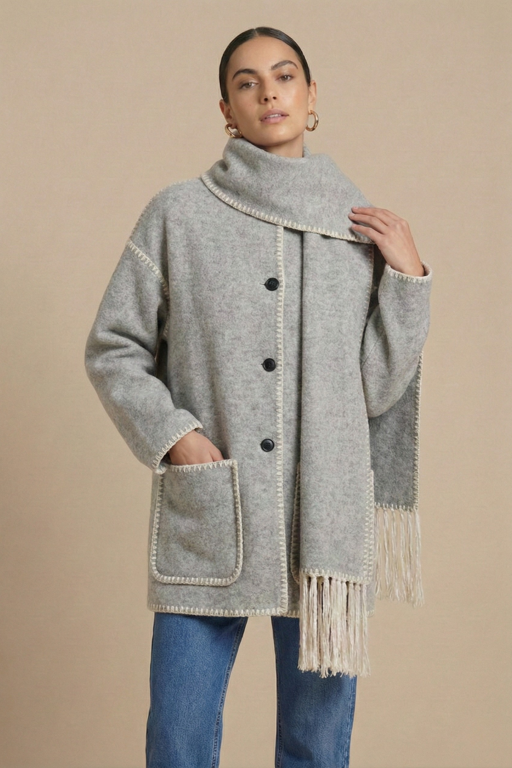 Isadora Embroidered Scarf-Jacket Wool-Blend Coat