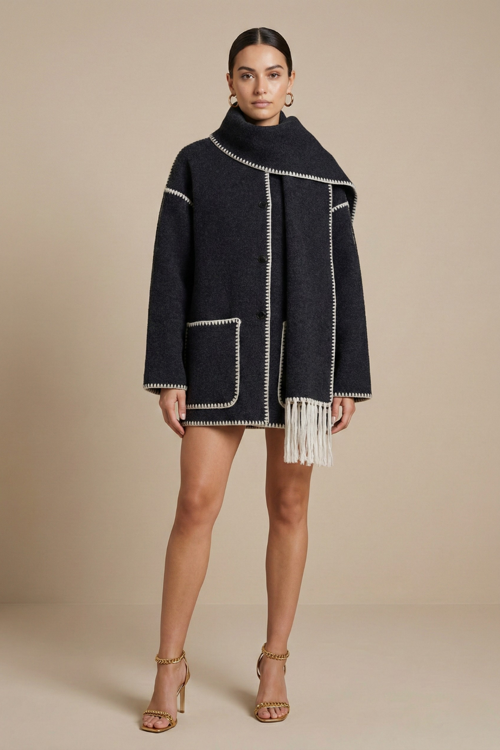 Isadora Embroidered Scarf-Jacket Wool-Blend Coat