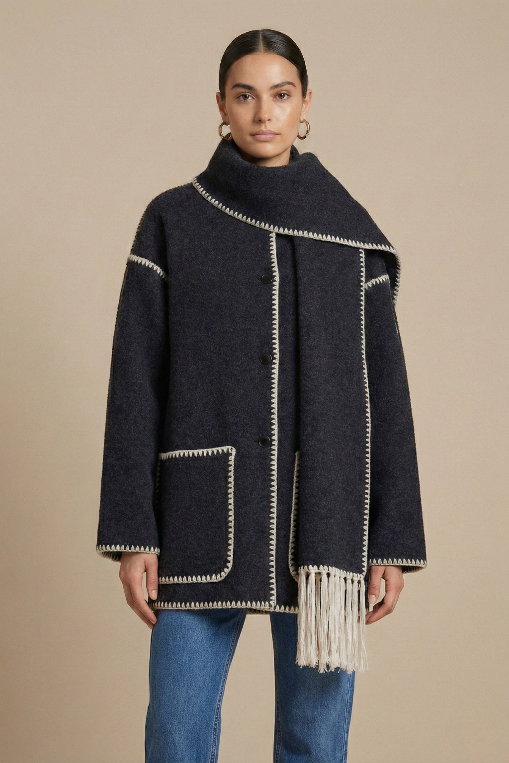Isadora Embroidered Scarf-Jacket Wool-Blend Coat