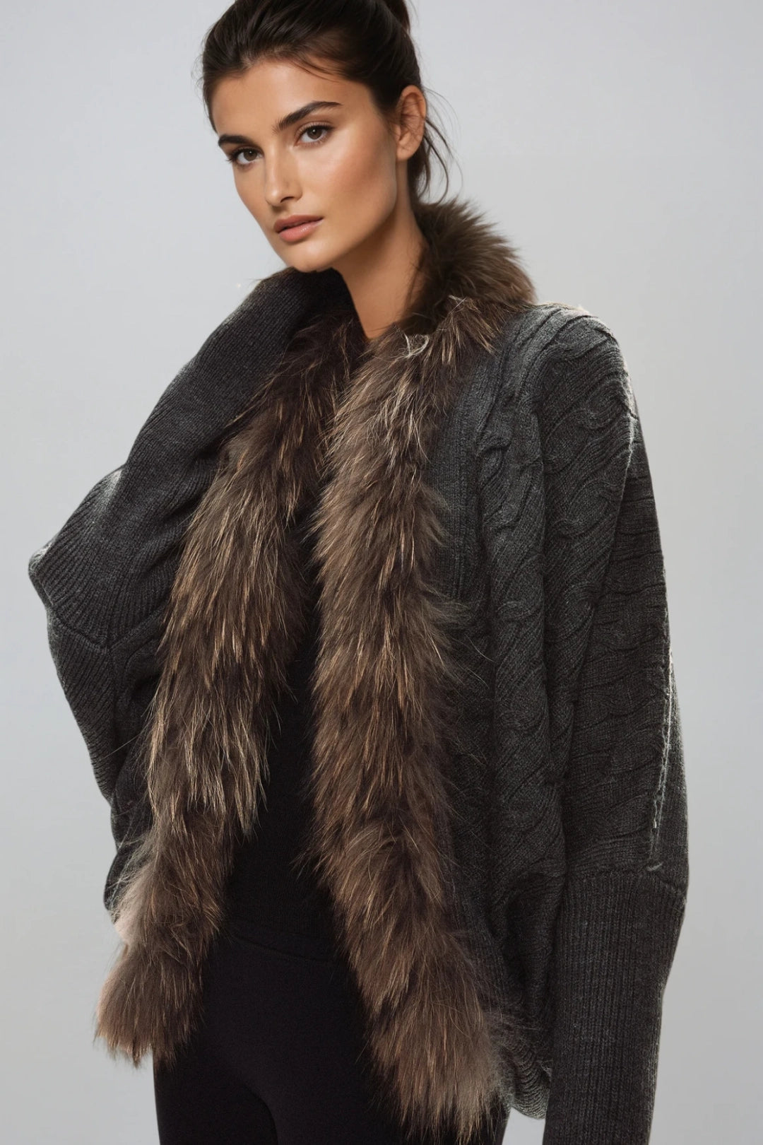 Isadora Faux Fur Trim Cable-Knit Cardigan Jacket