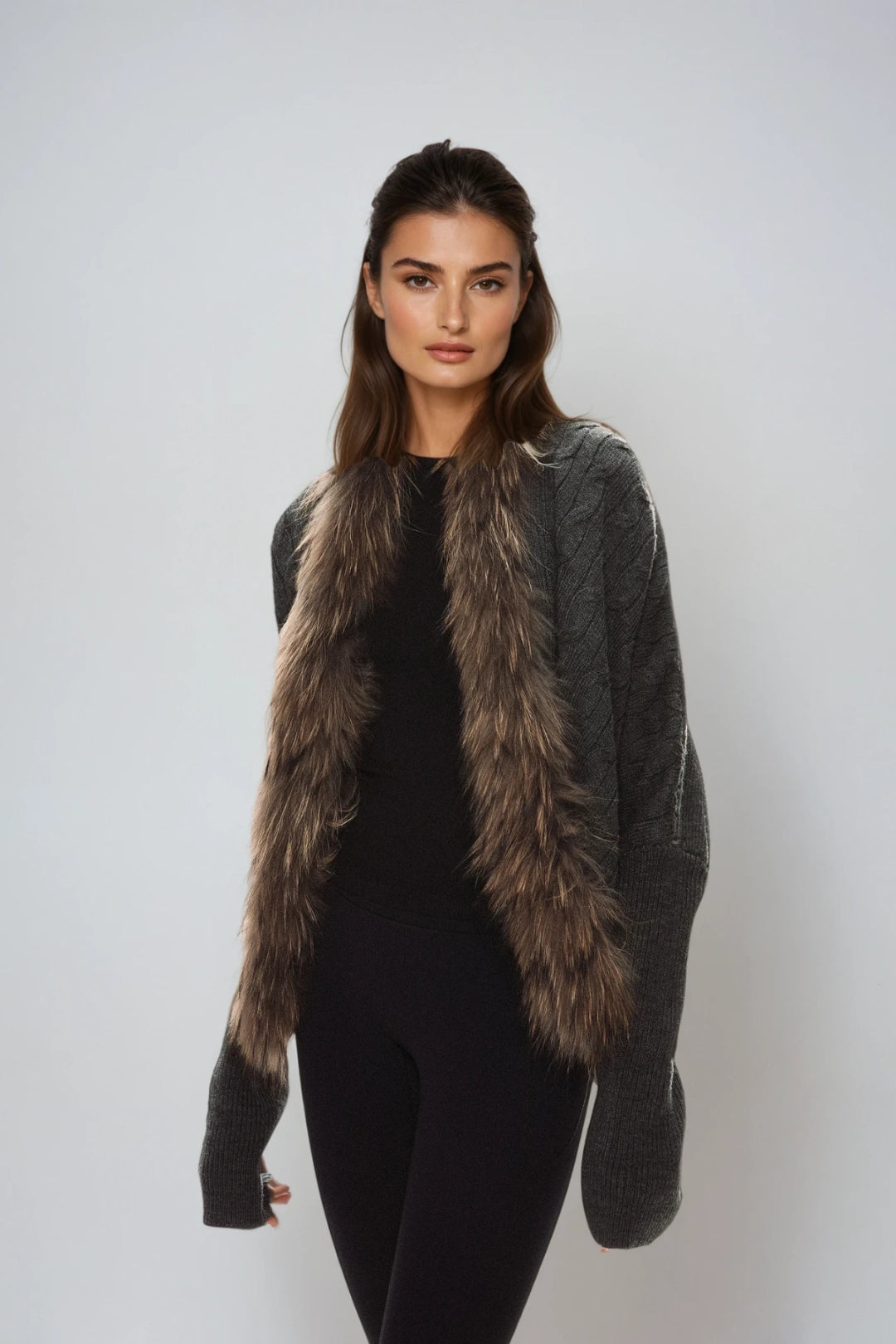 Isadora Faux Fur Trim Cable-Knit Cardigan Jacket