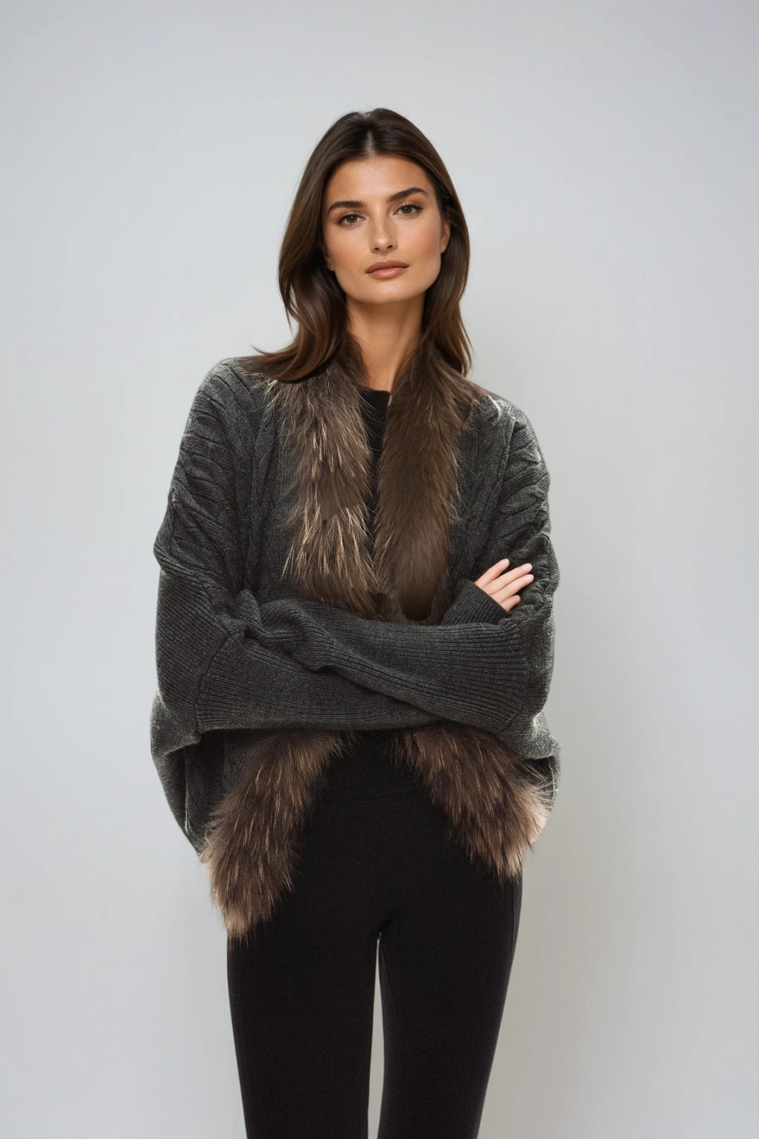 Isadora Faux Fur Trim Cable-Knit Cardigan Jacket