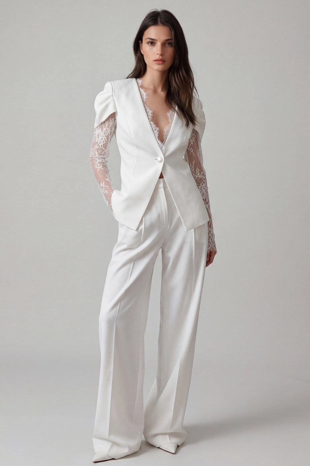 Julietta Sheer Lace-Sleeve Tailored Blazer