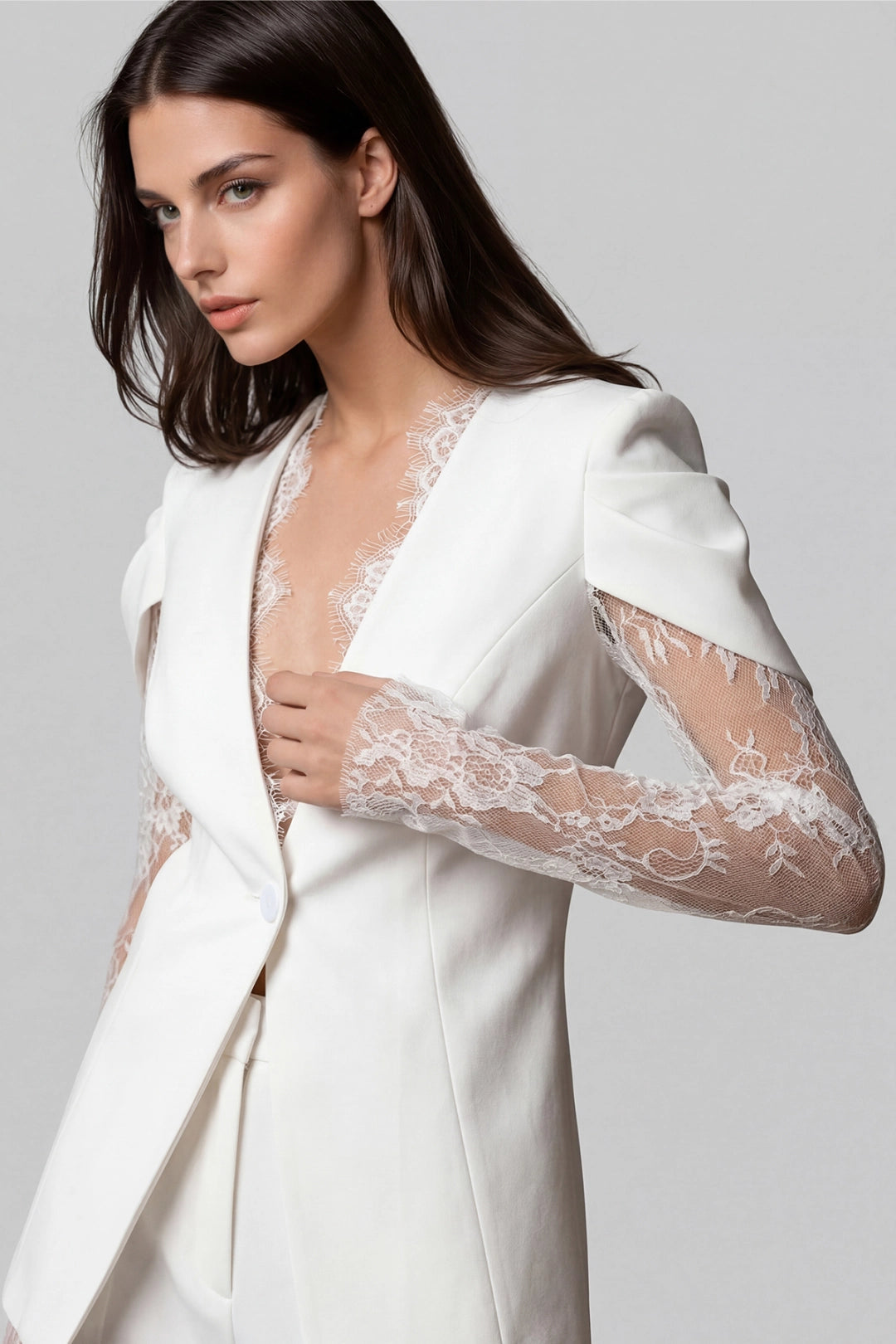 Julietta Sheer Lace-Sleeve Tailored Blazer