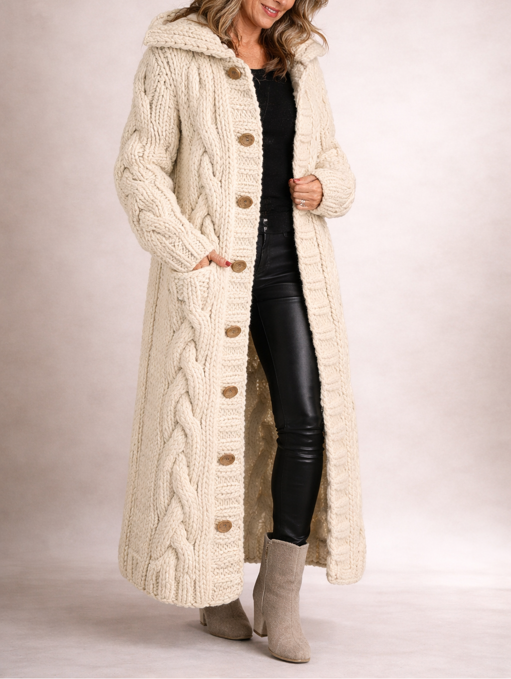 Karin Chunky Cable-Knit Hooded Long Coat Cardigan