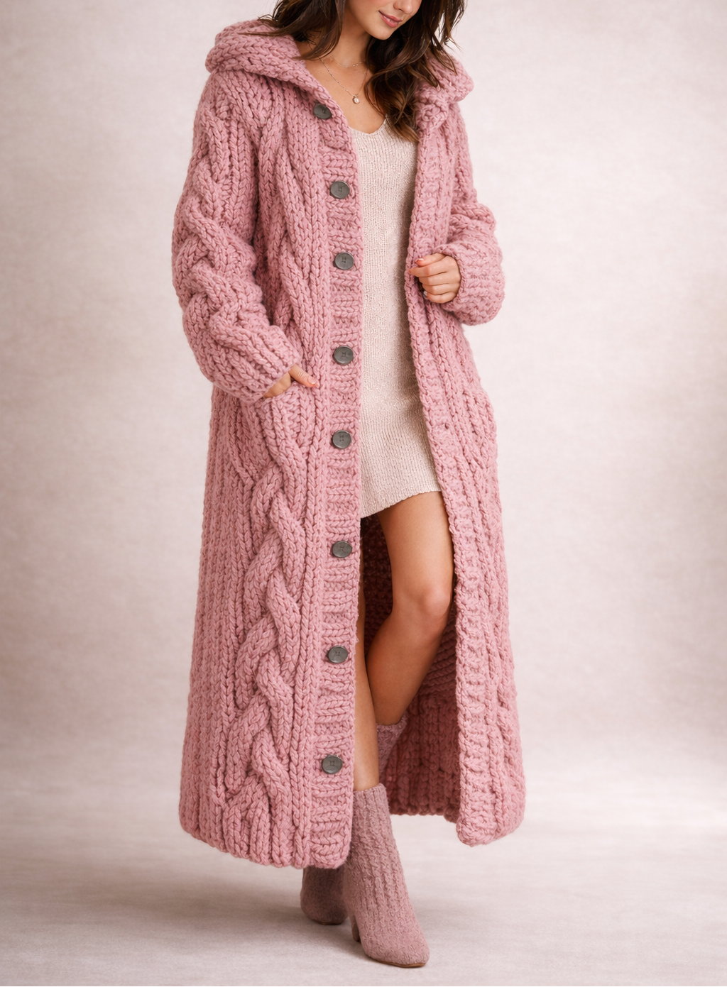 Karin Chunky Cable-Knit Hooded Long Coat Cardigan