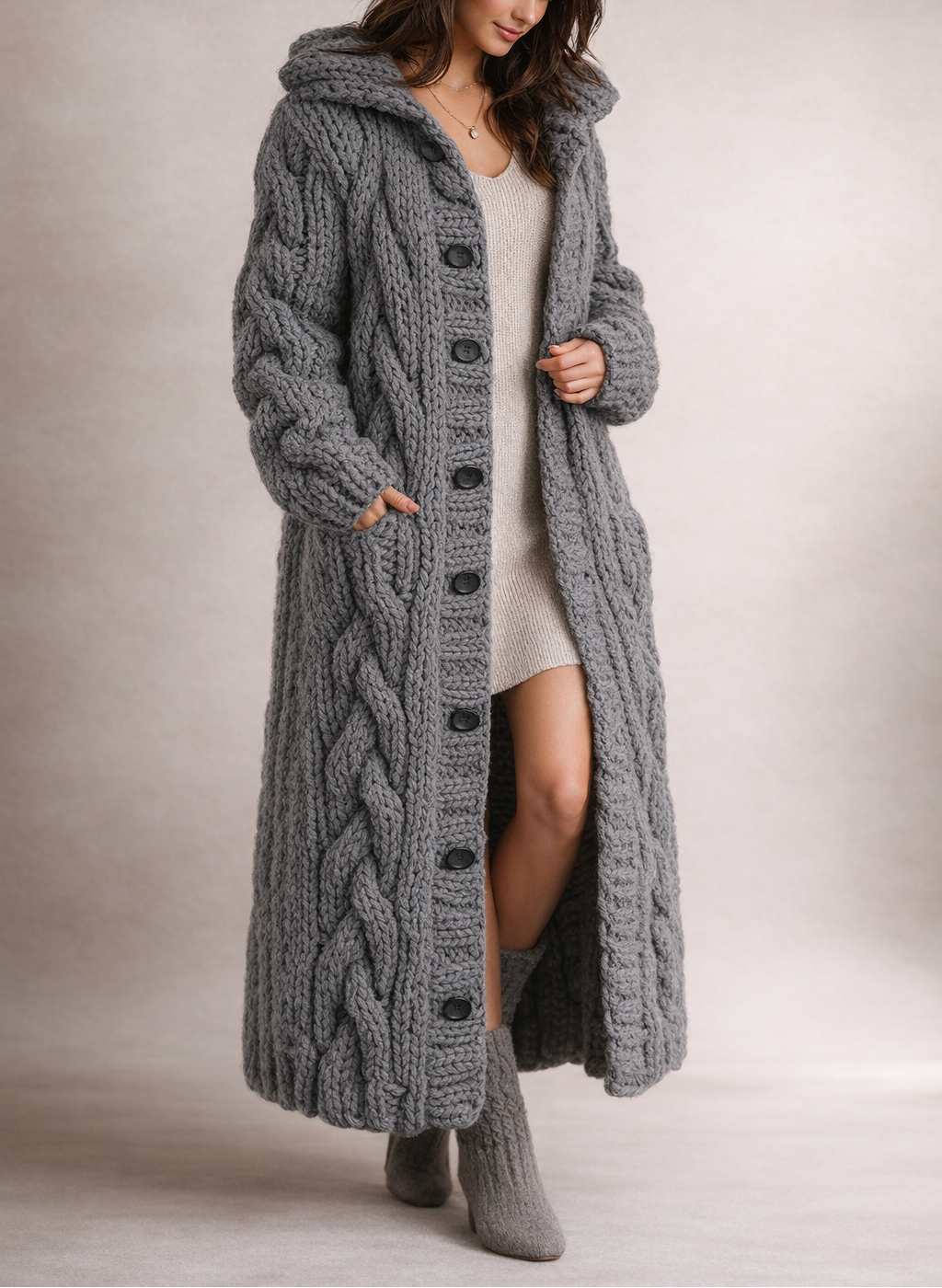Karin Chunky Cable-Knit Hooded Long Coat Cardigan