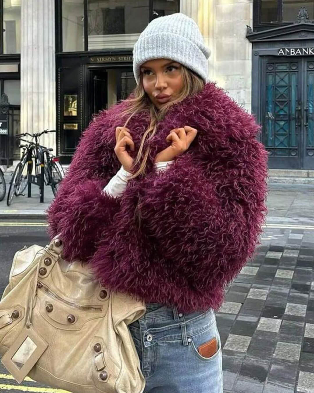 Liza Textured Shaggy Faux-Fur High-Neck Coat