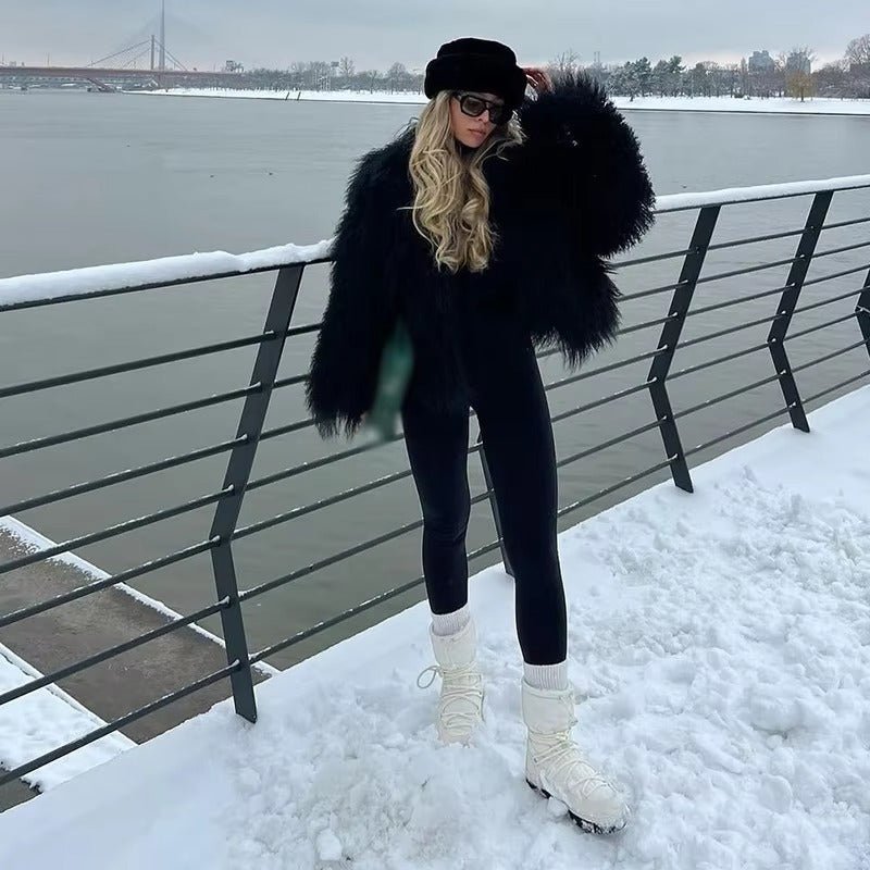 Liza Textured Shaggy Faux-Fur High-Neck Coat