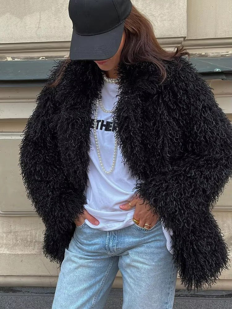 Liza Textured Shaggy Faux-Fur High-Neck Coat