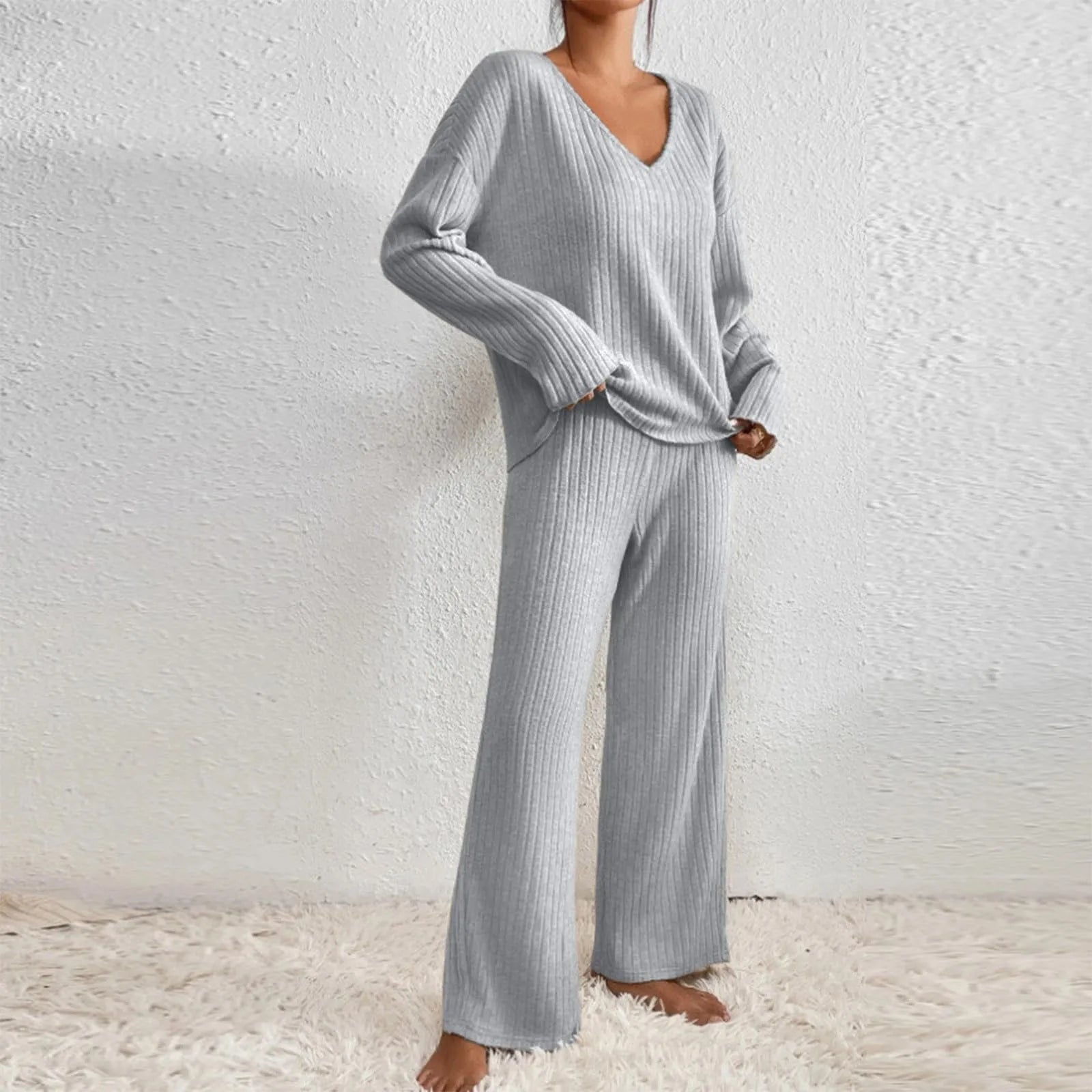 Lucy Ribbed V-Neck Sweater & Wide-Leg Knit Set