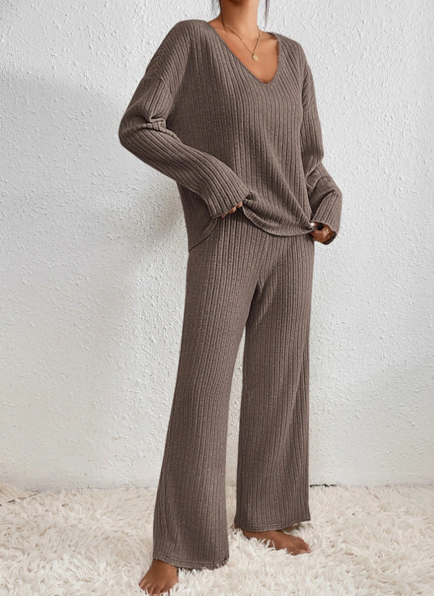 Lucy Ribbed V-Neck Sweater & Wide-Leg Knit Set