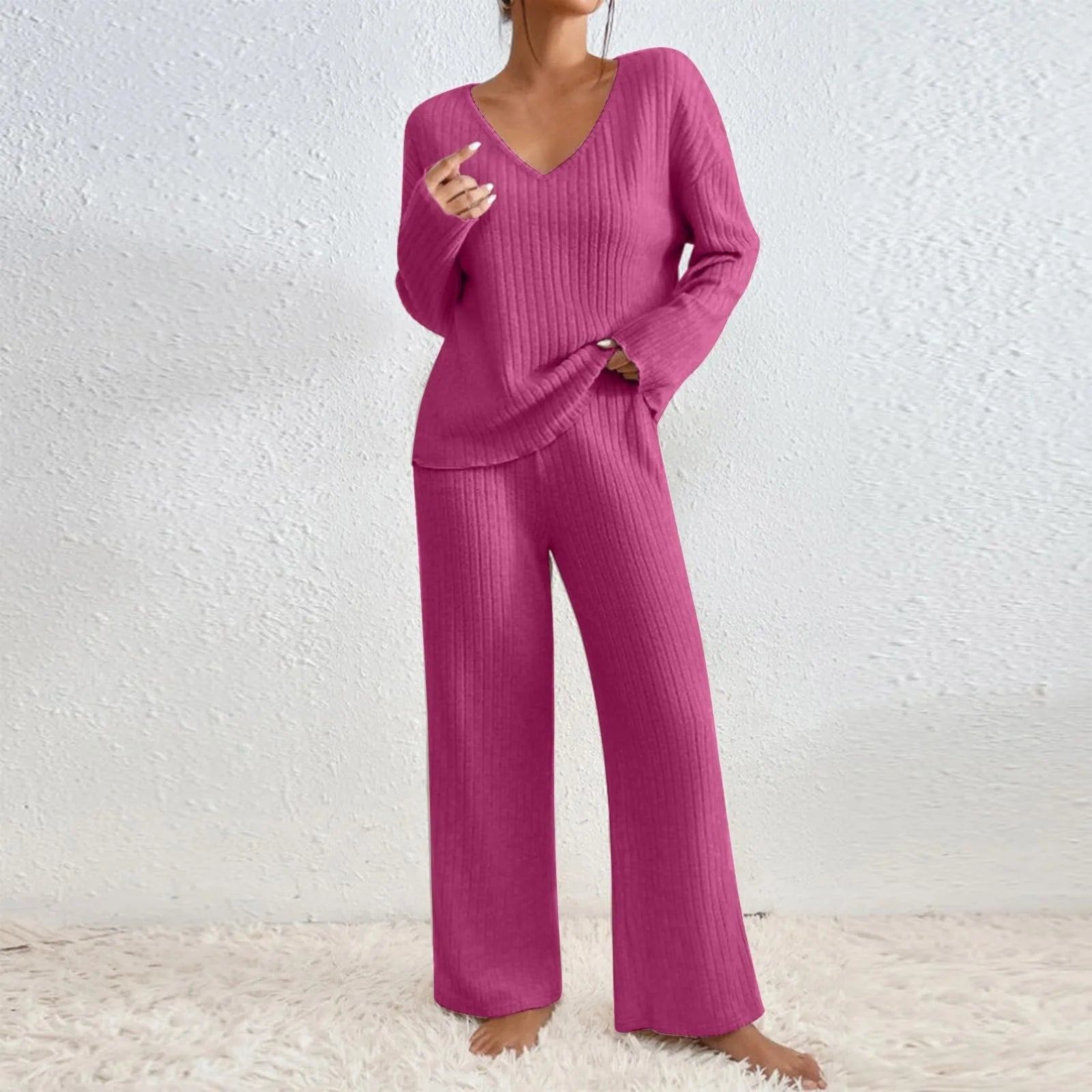 Lucy Ribbed V-Neck Sweater & Wide-Leg Knit Set