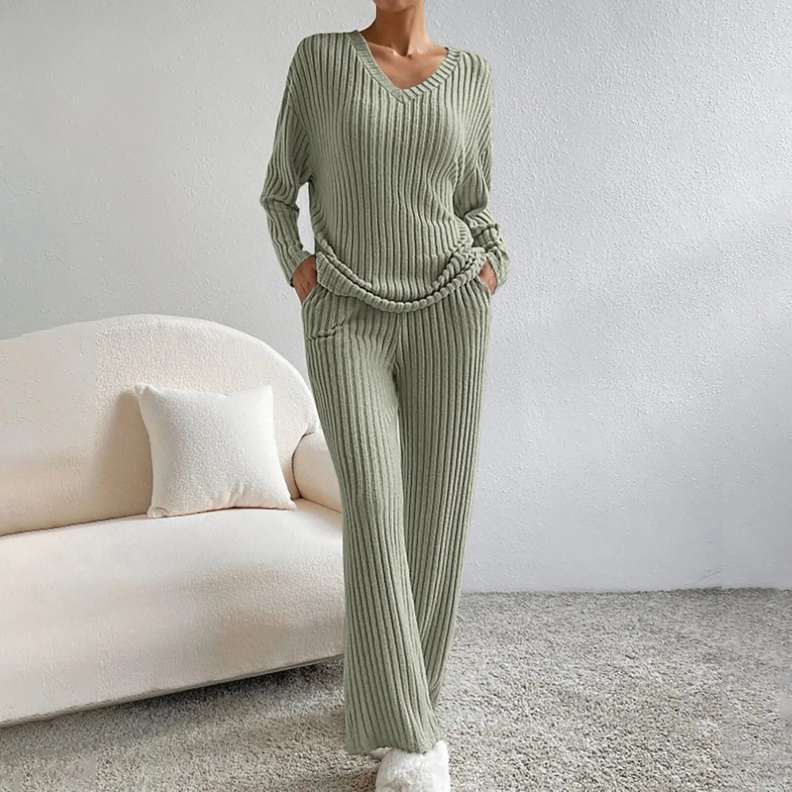 Lucy Ribbed V-Neck Sweater & Wide-Leg Knit Set