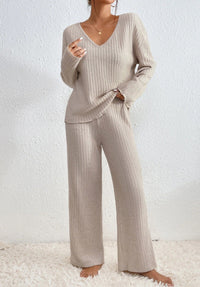 Lucy Ribbed V-Neck Sweater & Wide-Leg Knit Set