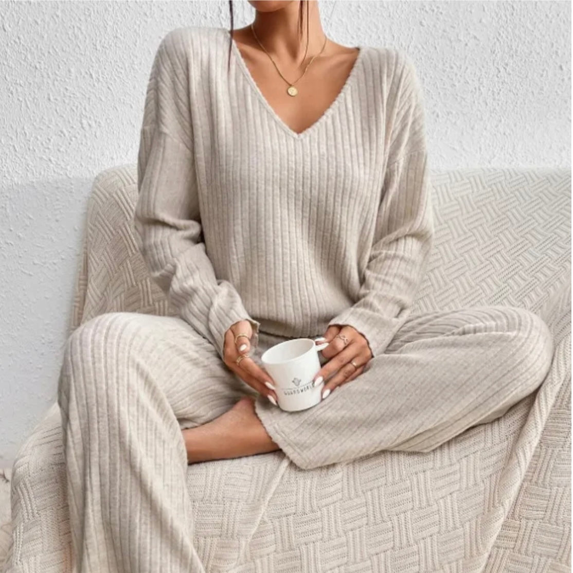 Lucy Ribbed V-Neck Sweater & Wide-Leg Knit Set