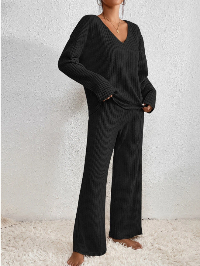 Lucy Ribbed V-Neck Sweater & Wide-Leg Knit Set