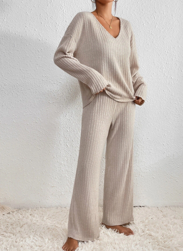 Lucy Ribbed V-Neck Sweater & Wide-Leg Knit Set