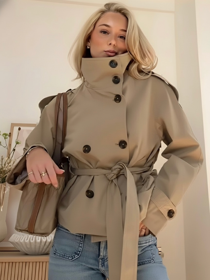 Lyra Belted Short Double-Breasted Trench Jacket