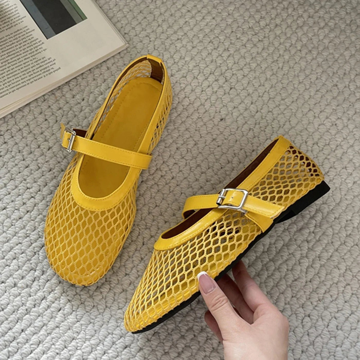Lyra Buckled Fishnet Mesh Mary Jane Flats