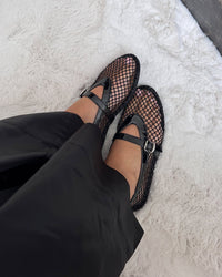 Lyra Buckled Fishnet Mesh Mary Jane Flats