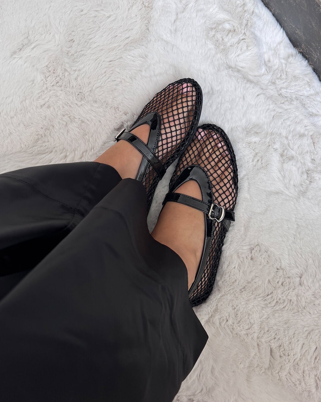 Lyra Buckled Fishnet Mesh Mary Jane Flats