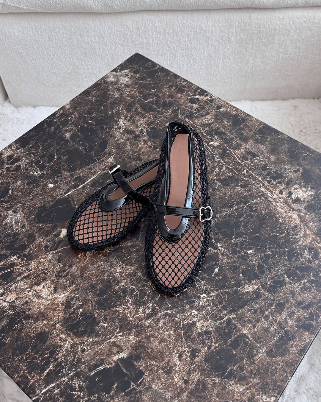 Lyra Buckled Fishnet Mesh Mary Jane Flats