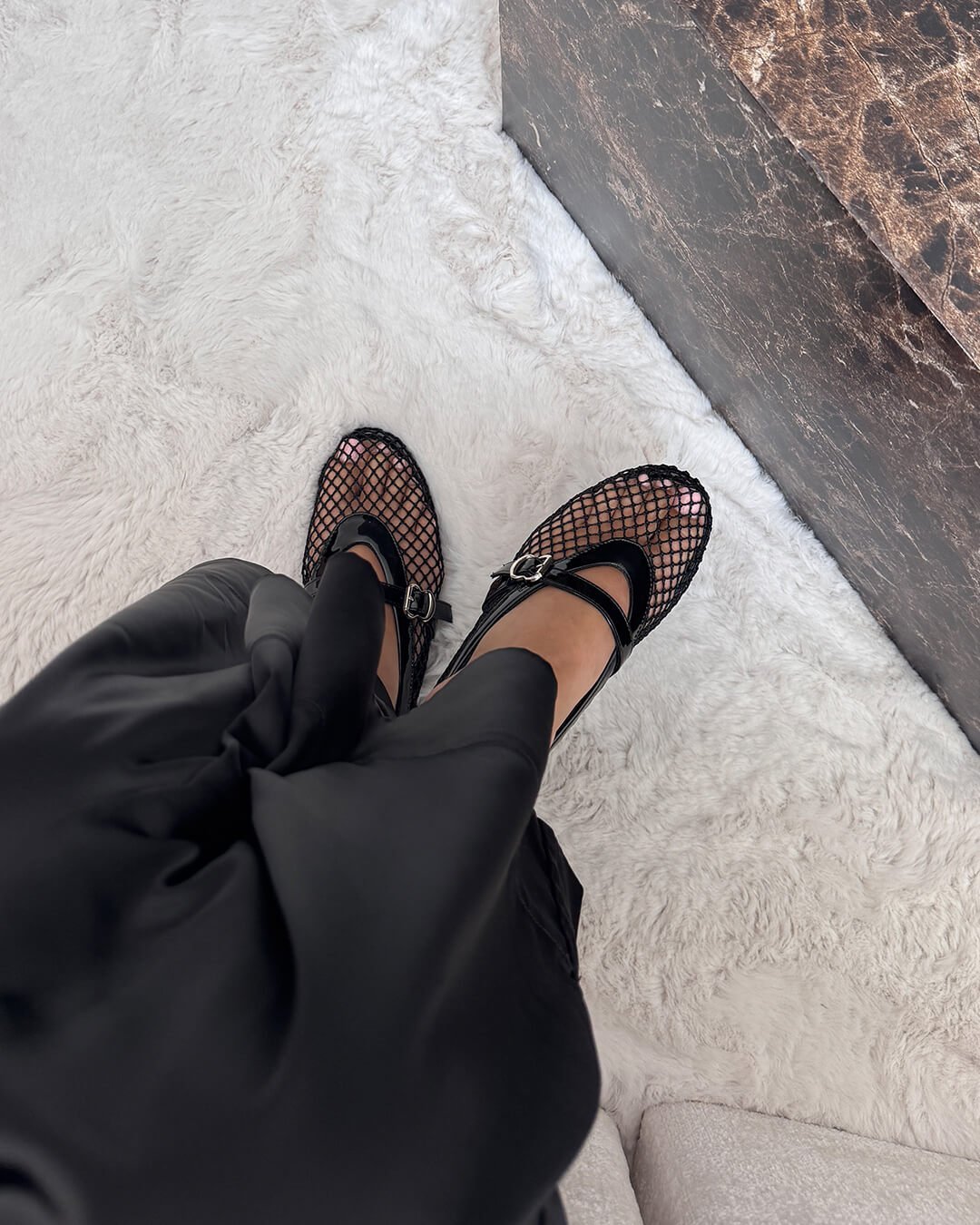 Lyra Buckled Fishnet Mesh Mary Jane Flats
