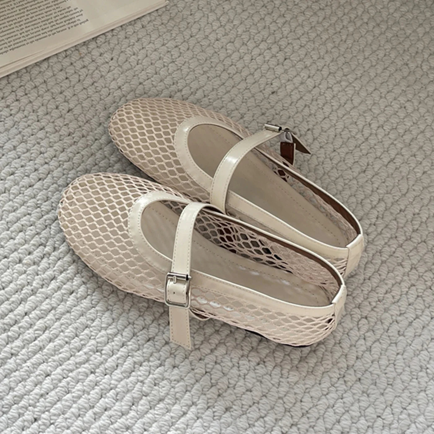 Lyra Buckled Fishnet Mesh Mary Jane Flats