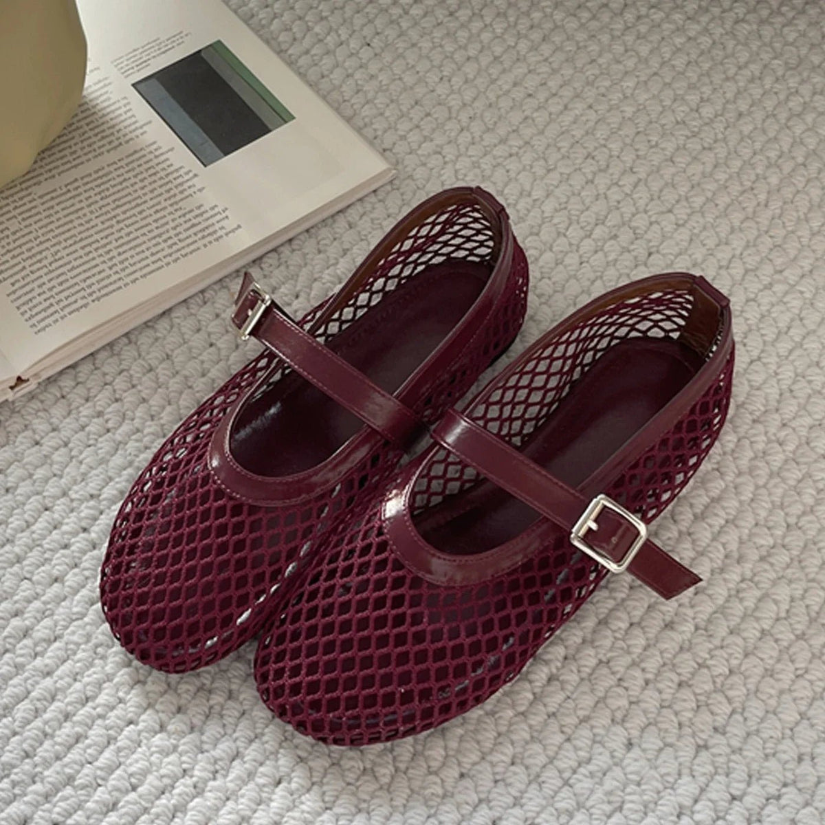 Lyra Buckled Fishnet Mesh Mary Jane Flats