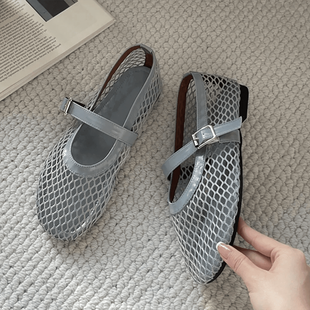 Lyra Buckled Fishnet Mesh Mary Jane Flats