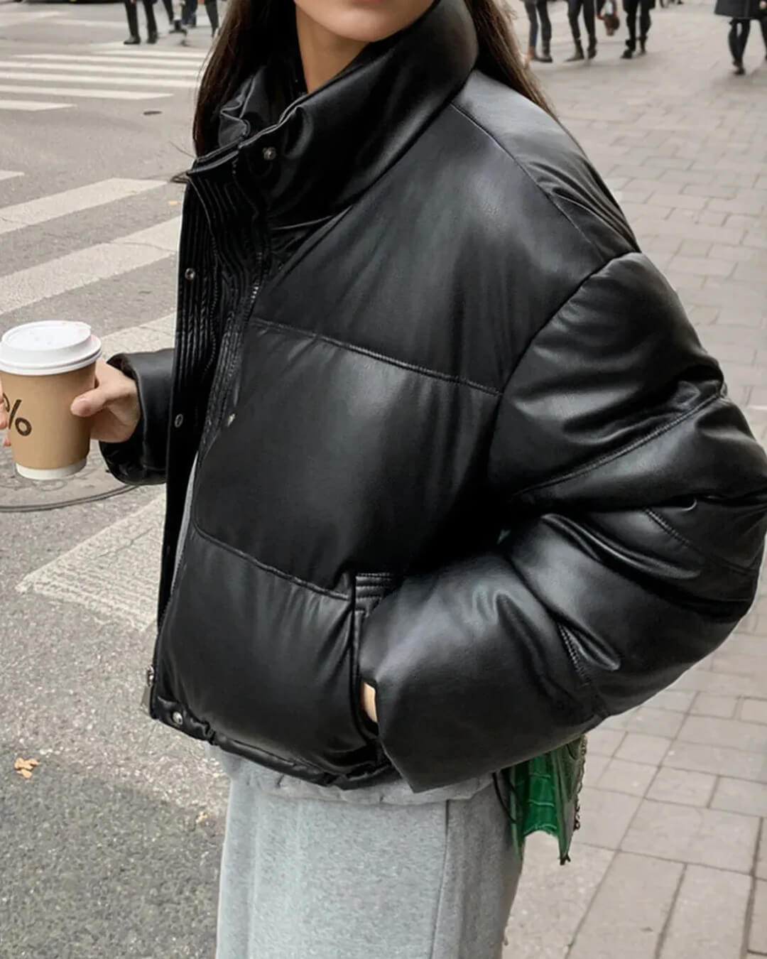 Lyra Cropped Faux Leather Puffer Jacket